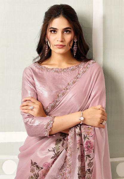 Dusty Pink Printed Saree With Border Work
