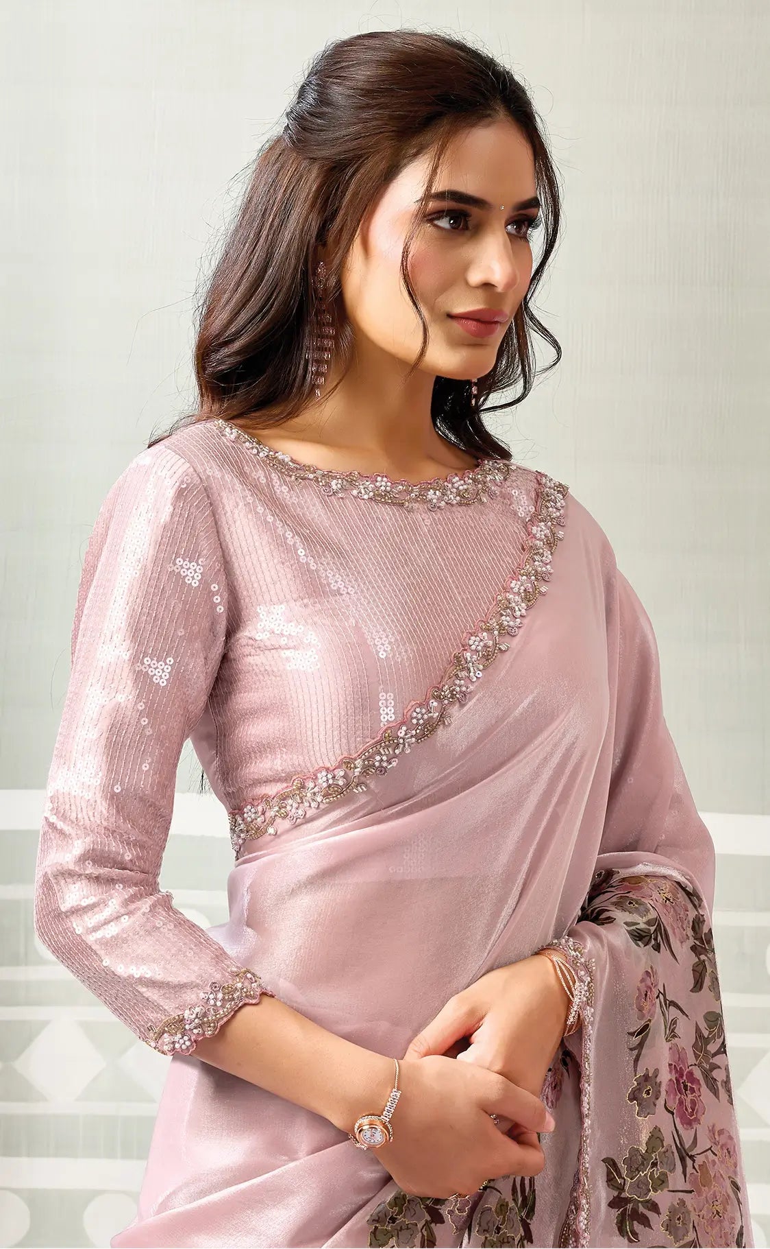 Dusty Pink Printed Saree With Border Work