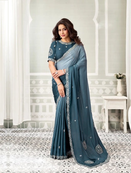 Shaded Teal Embroidery Work Saree