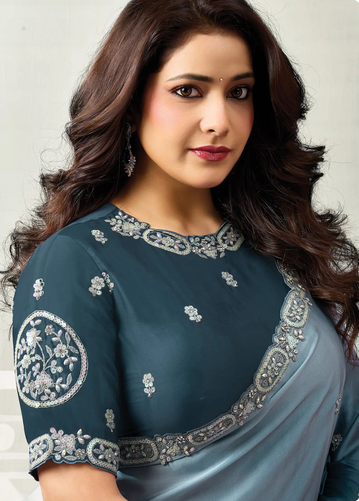 Shaded Teal Embroidery Work Saree
