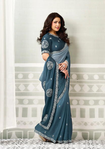 Shaded Teal Embroidery Work Saree