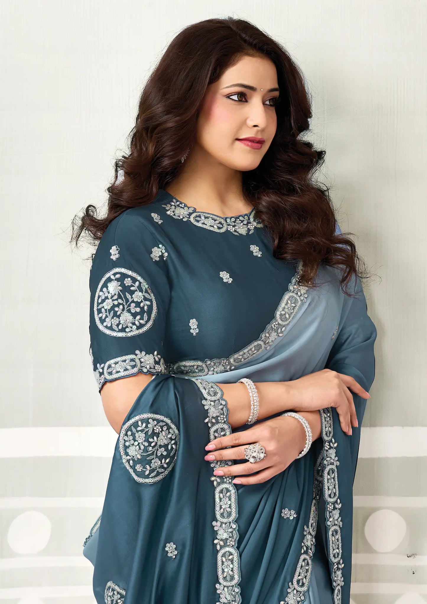 Shaded Teal Embroidery Work Saree