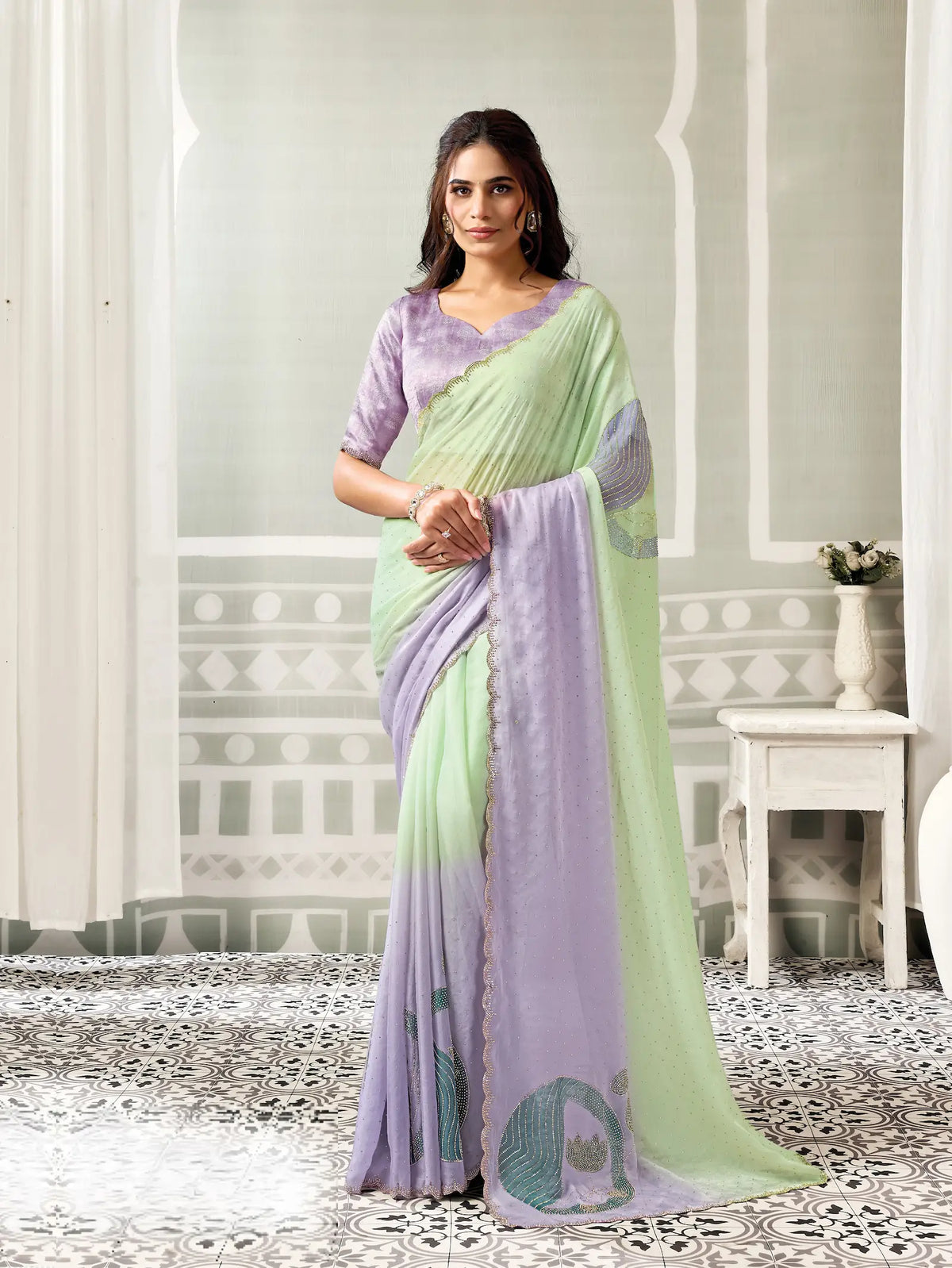 Lilac-Mint Swarovski Stone Work Saree