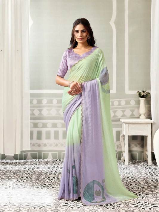 Lilac-Mint Swarovski Stone Work Saree
