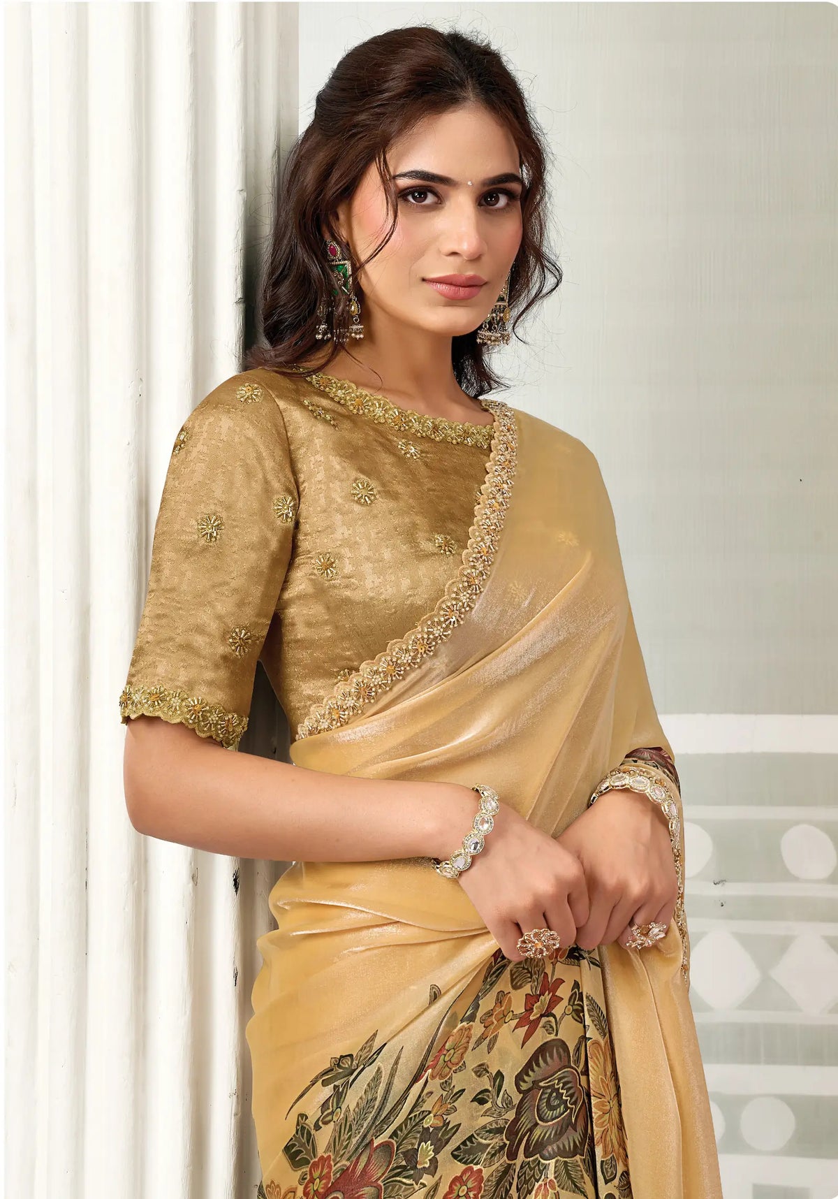 Tan Yellow Printed Saree With Border Work
