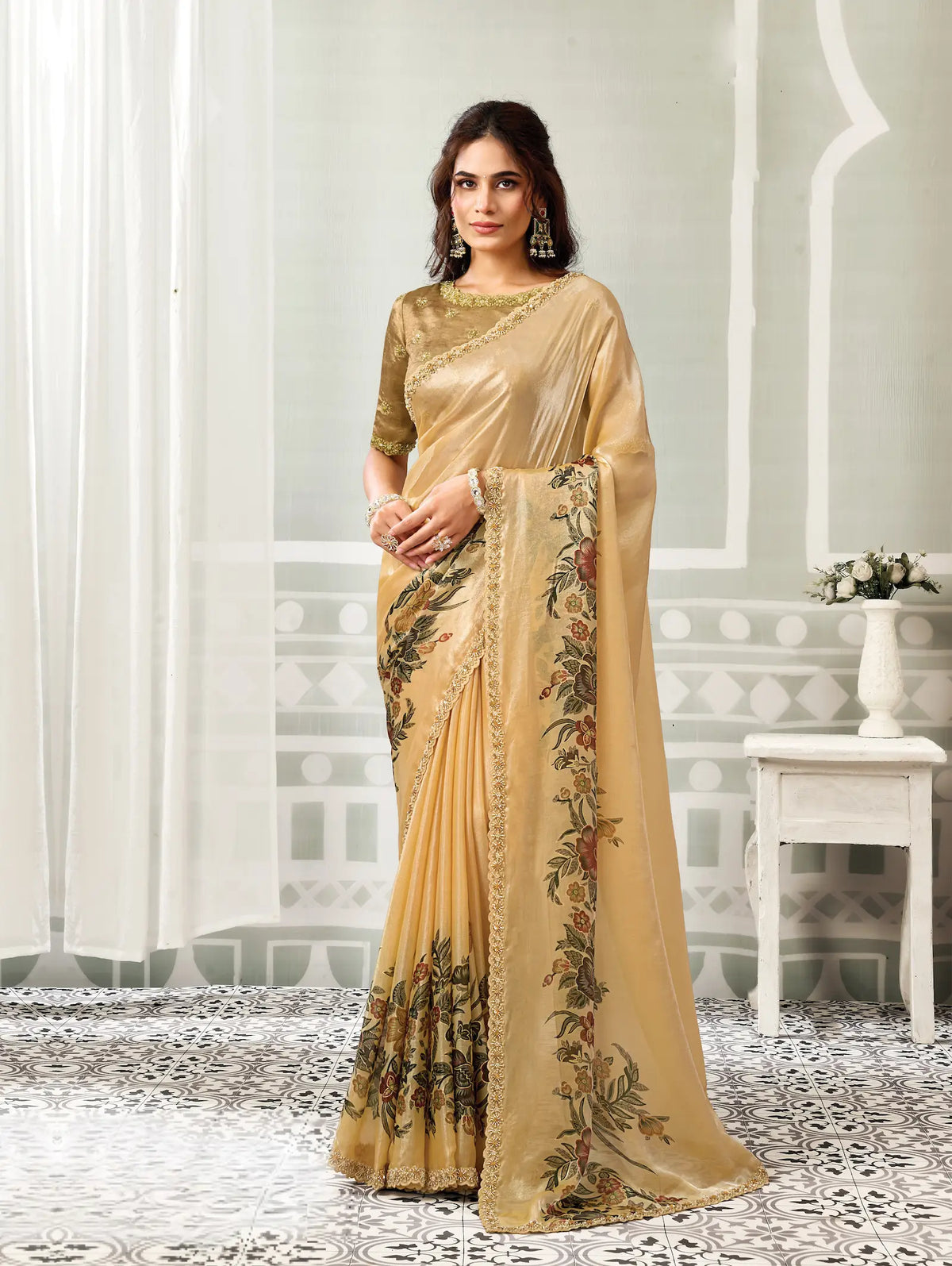 Tan Yellow Printed Saree With Border Work