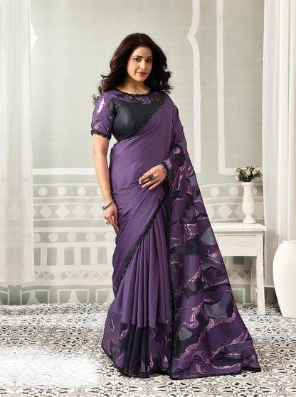 Grape Purple Sequins & Bead Work Border Saree