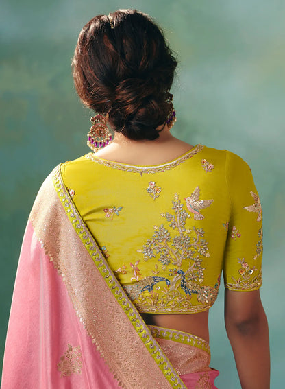 Salmon Pink Dola Silk Saree With Embroidery Work Blouse