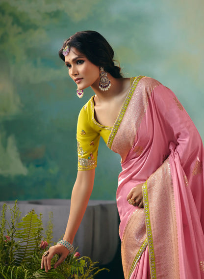 Salmon Pink Dola Silk Saree With Embroidery Work Blouse