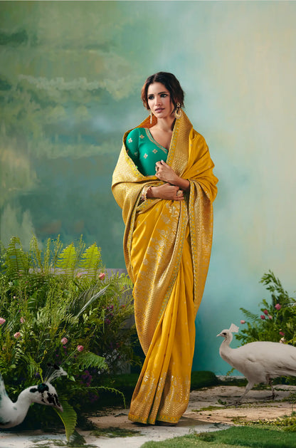 Mustard Dola Silk Saree With Embroidery Work Blouse