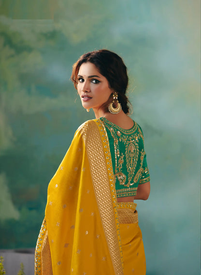 Mustard Dola Silk Saree With Embroidery Work Blouse