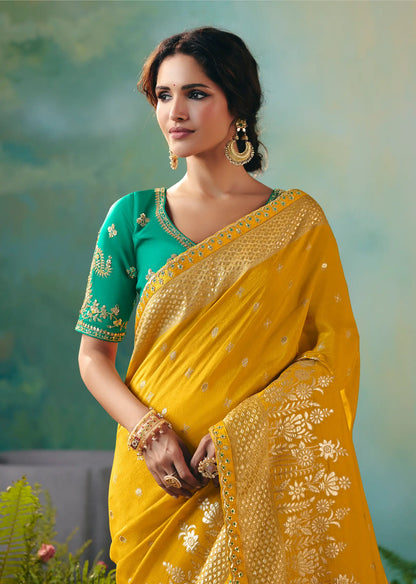 Mustard Dola Silk Saree With Embroidery Work Blouse