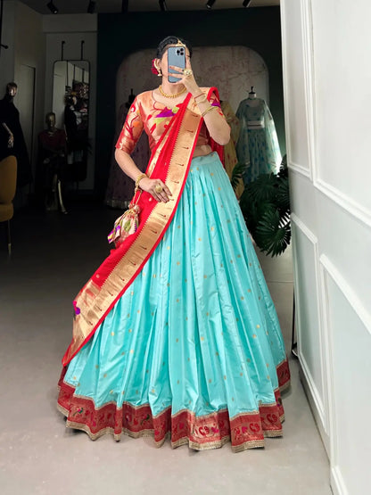 Sea Blue Jacquard Silk Zari Weaving Paithani Lehenga Choli