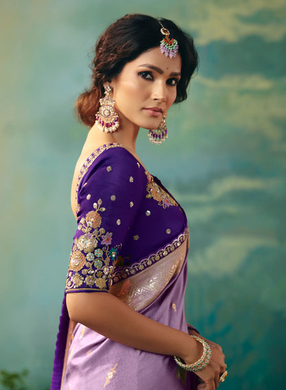 Dark Lilac Dola Silk Saree With Embroidery Work Blouse