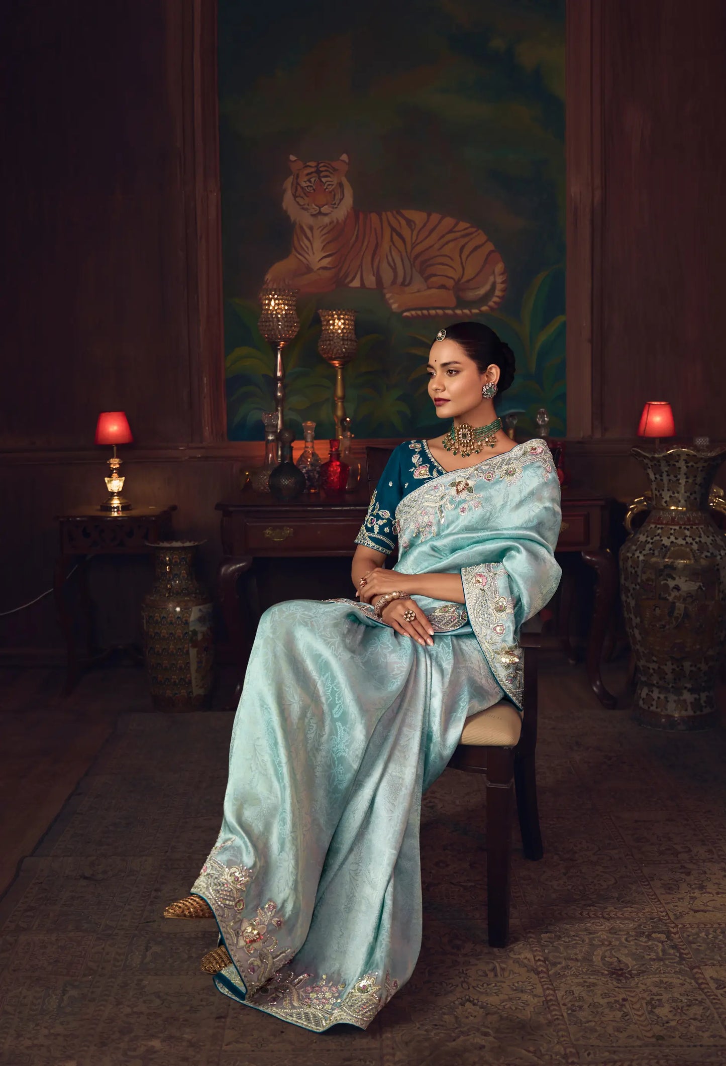 Powder Blue Heavy Embroidery & Handwork Silk Saree