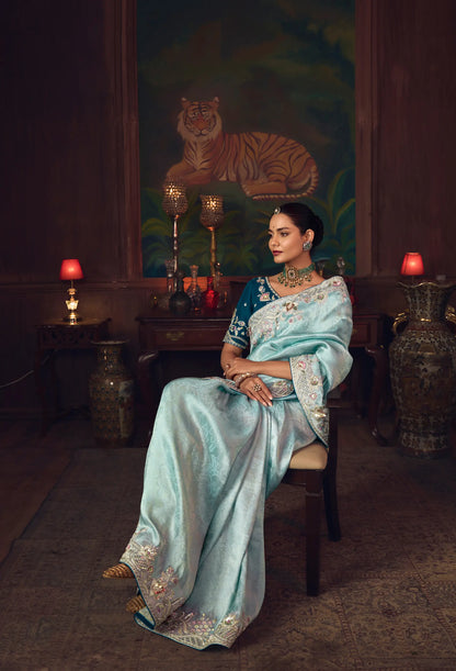 Powder Blue Heavy Embroidery & Handwork Silk Saree