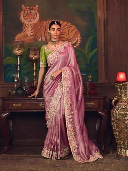 Tulip Pink Heavy Embroidery & Handwork Silk Saree