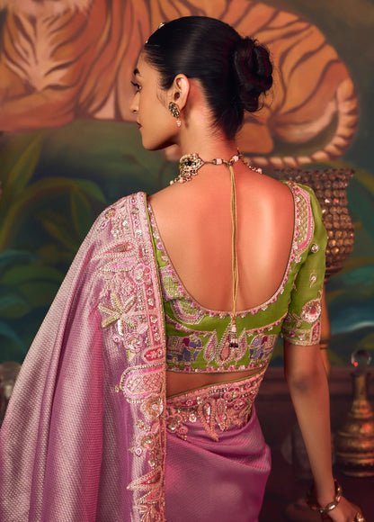 Tulip Pink Heavy Embroidery & Handwork Silk Saree