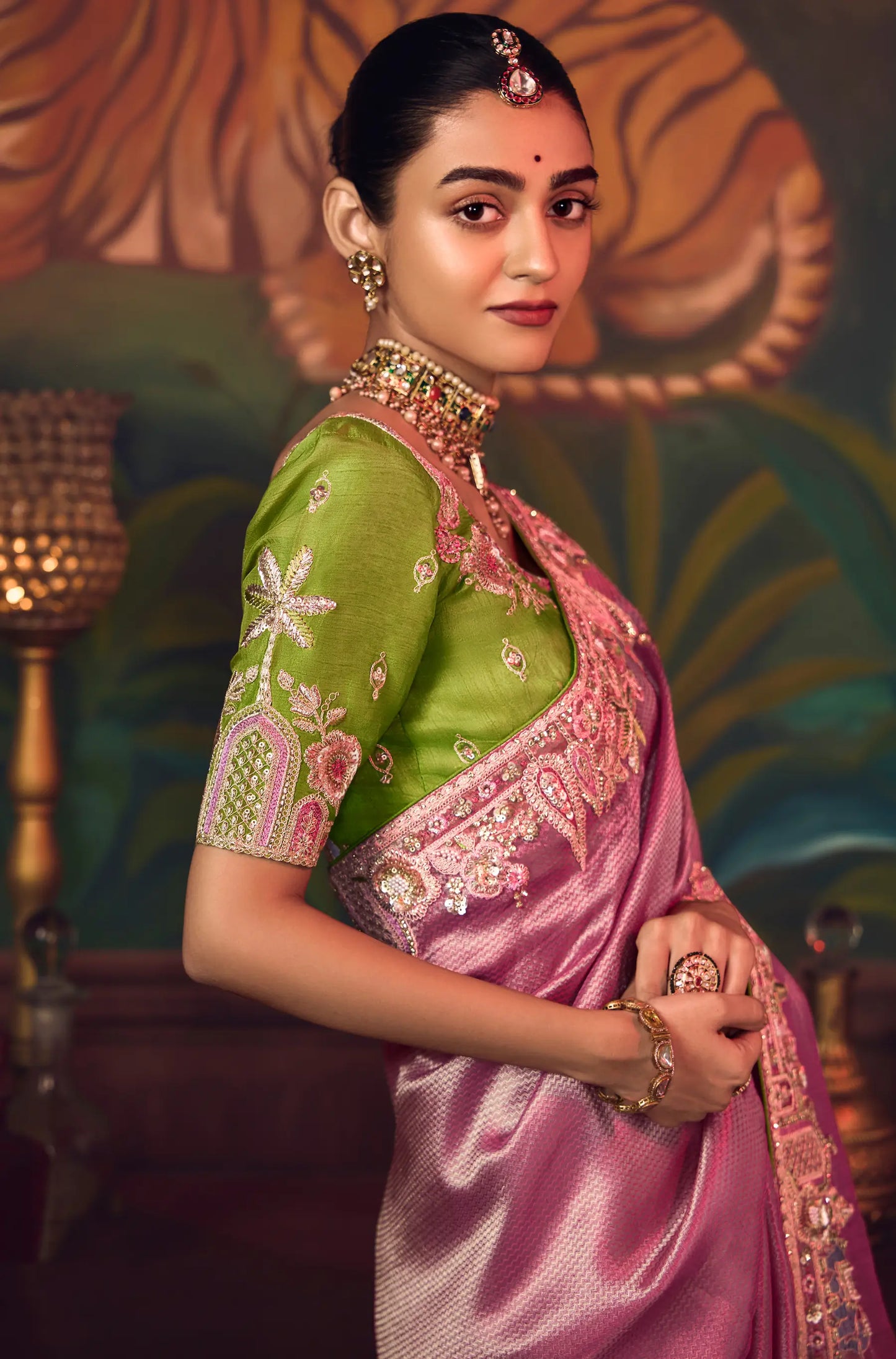 Tulip Pink Heavy Embroidery & Handwork Silk Saree