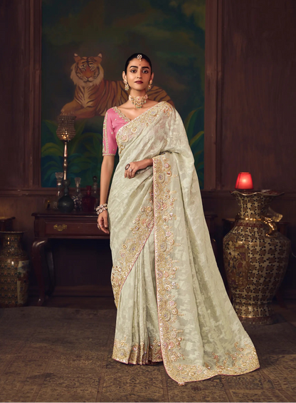 Off White Heavy Embroidery & Handwork Silk Saree