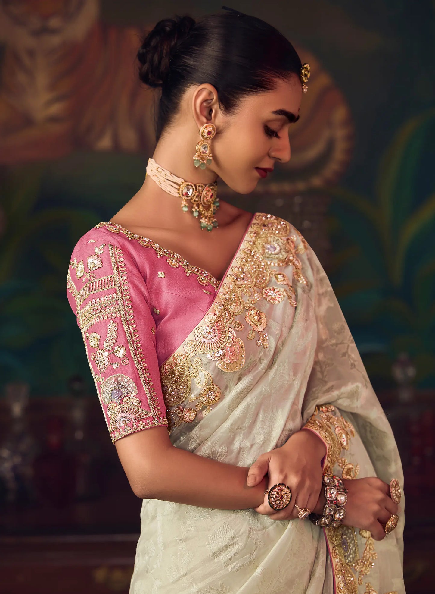 Off White Heavy Embroidery & Handwork Silk Saree