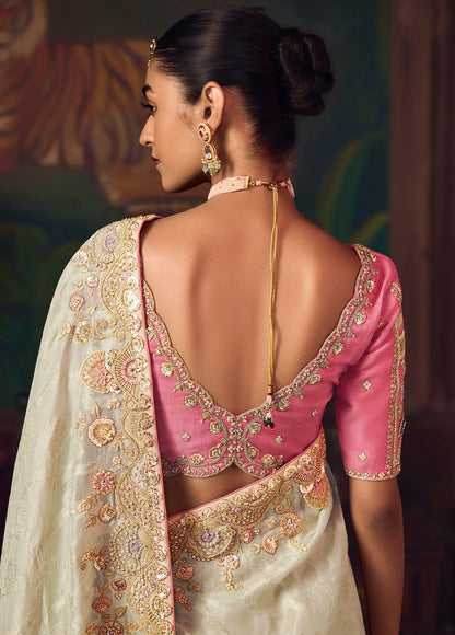 Off White Heavy Embroidery & Handwork Silk Saree