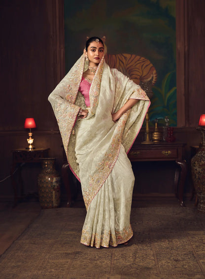 Off White Heavy Embroidery & Handwork Silk Saree
