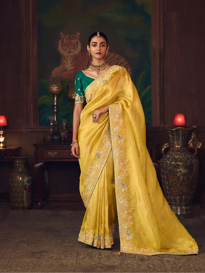 Classic Yellow Heavy Embroidery & Handwork Silk Saree