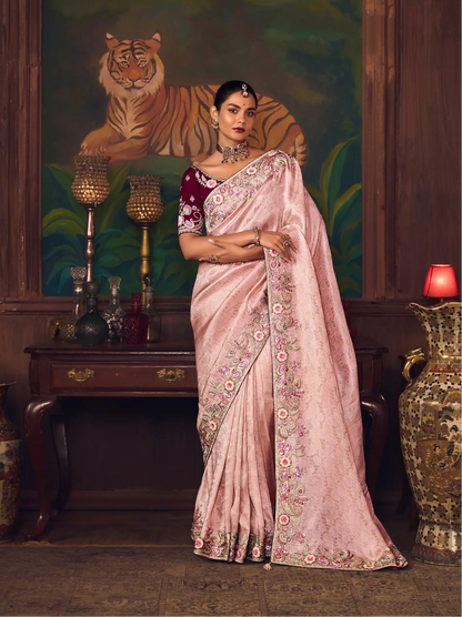 Blossom Pink Heavy Embroidery & Handwork Silk Saree