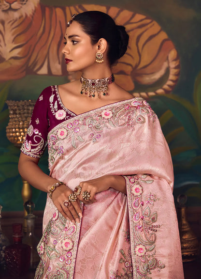 Blossom Pink Heavy Embroidery & Handwork Silk Saree