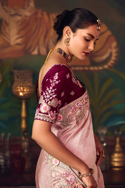 Blossom Pink Heavy Embroidery & Handwork Silk Saree