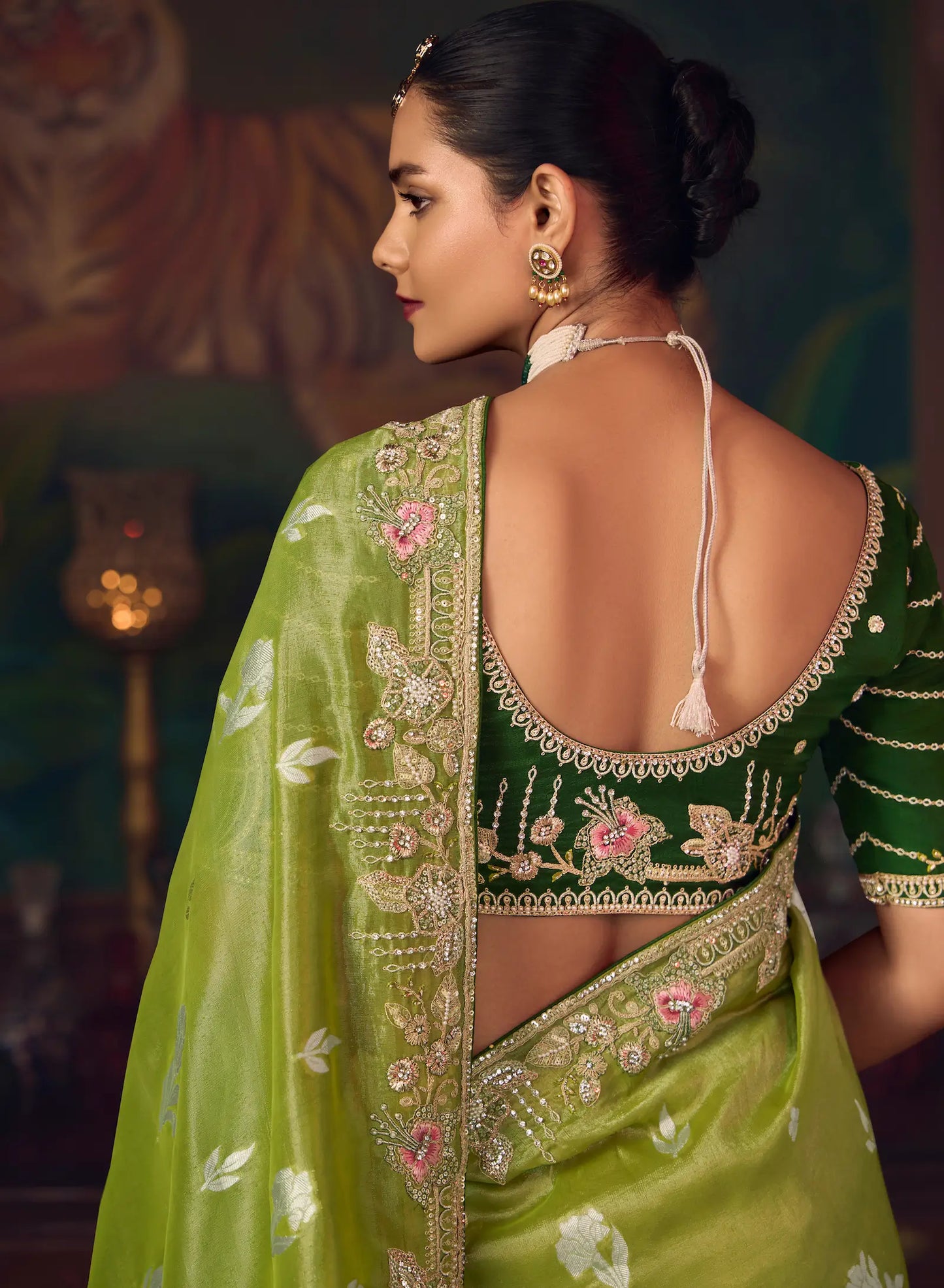 Parrot Green Heavy Embroidery & Handwork Silk Saree
