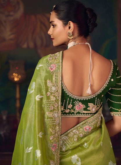 Parrot Green Heavy Embroidery & Handwork Silk Saree