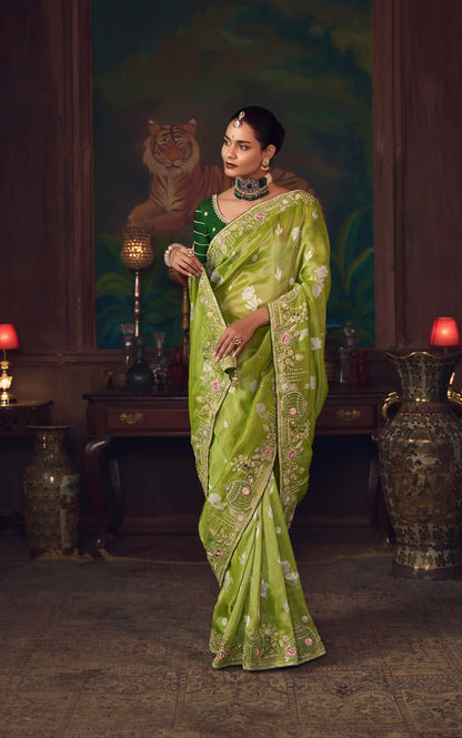 Parrot Green Heavy Embroidery & Handwork Silk Saree