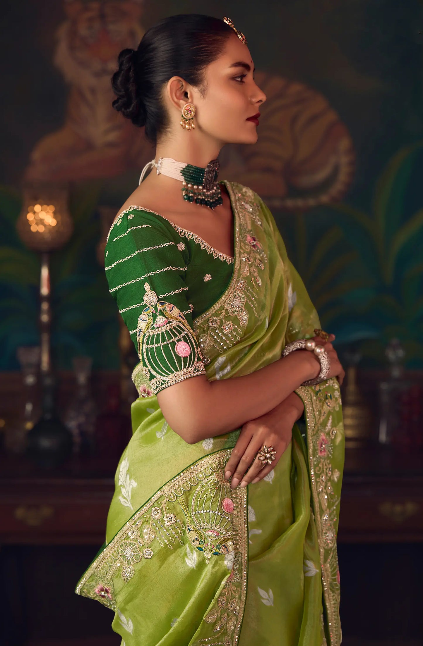 Parrot Green Heavy Embroidery & Handwork Silk Saree