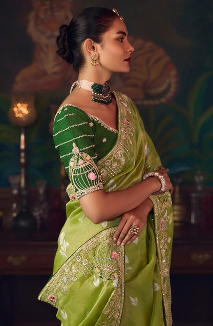 Parrot Green Heavy Embroidery & Handwork Silk Saree