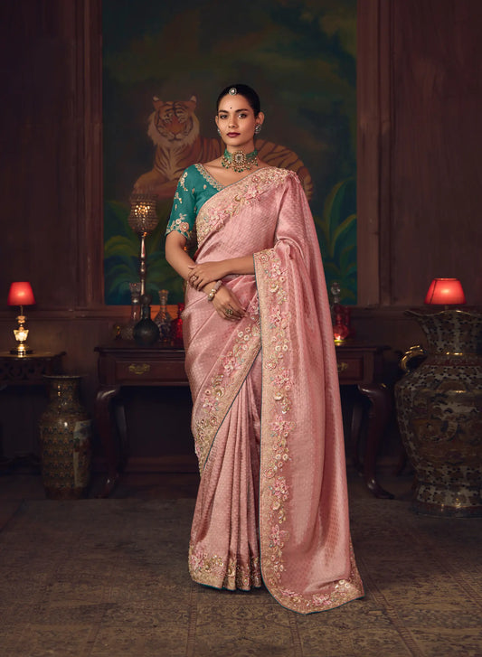 Flamingo Pink Heavy Embroidery & Handwork Silk Saree