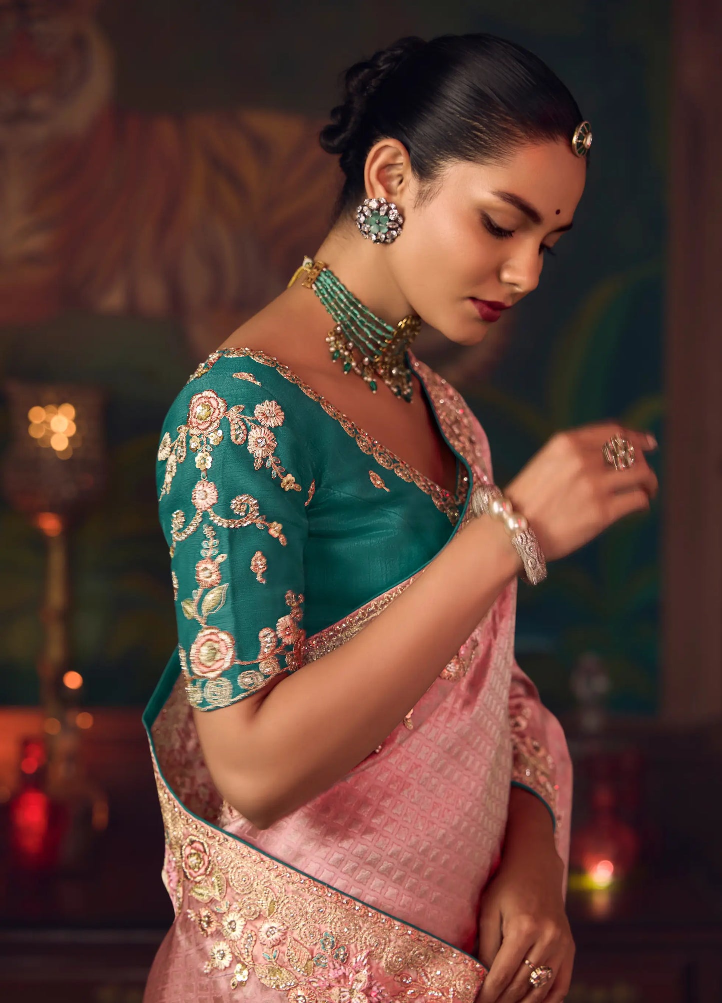 Flamingo Pink Heavy Embroidery & Handwork Silk Saree