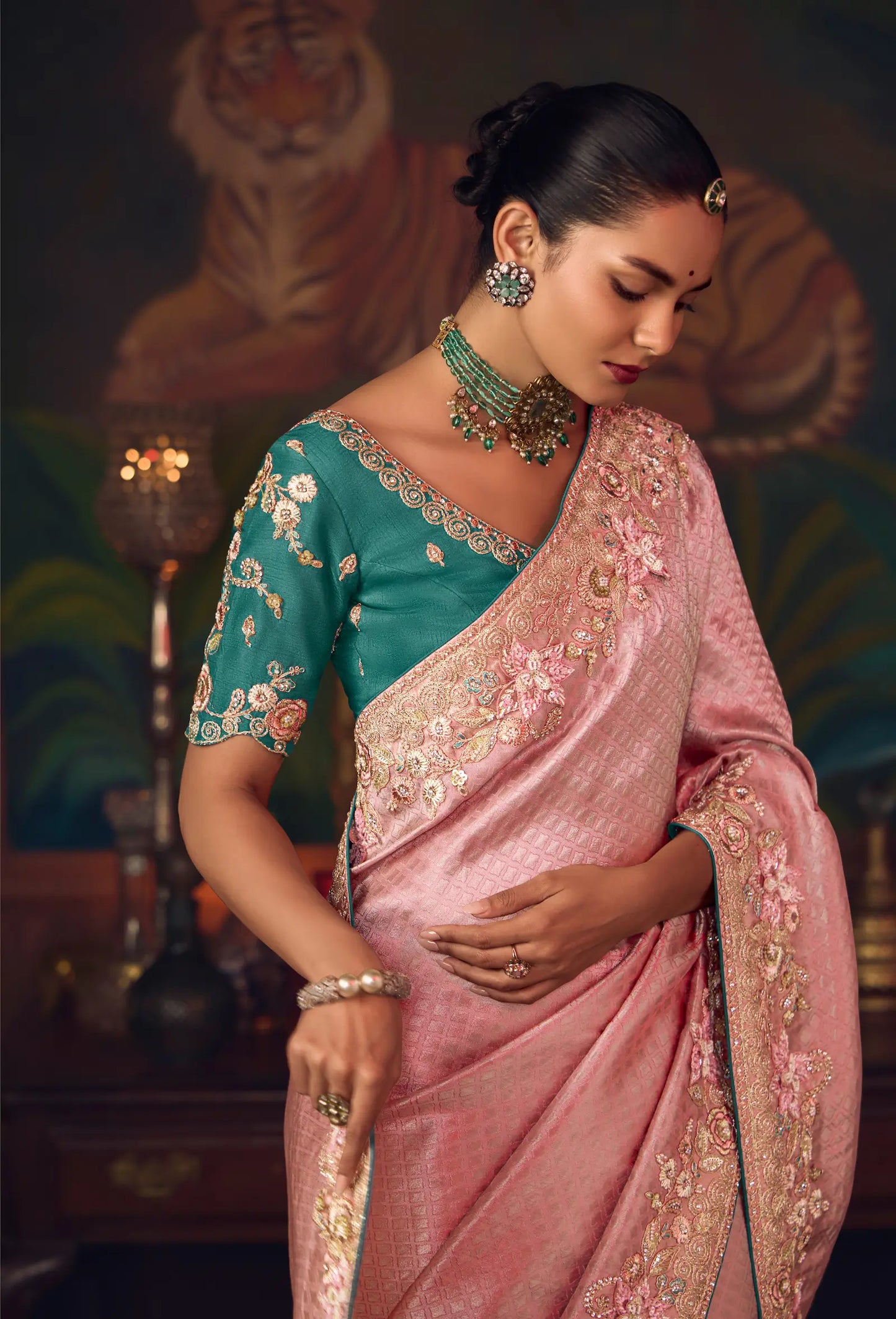 Flamingo Pink Heavy Embroidery & Handwork Silk Saree