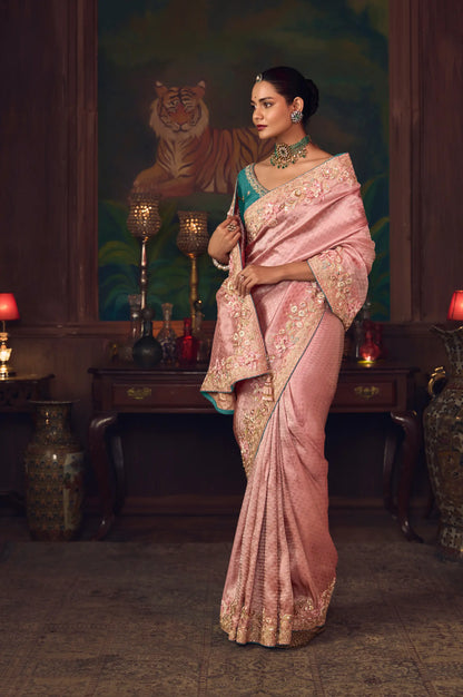Flamingo Pink Heavy Embroidery & Handwork Silk Saree