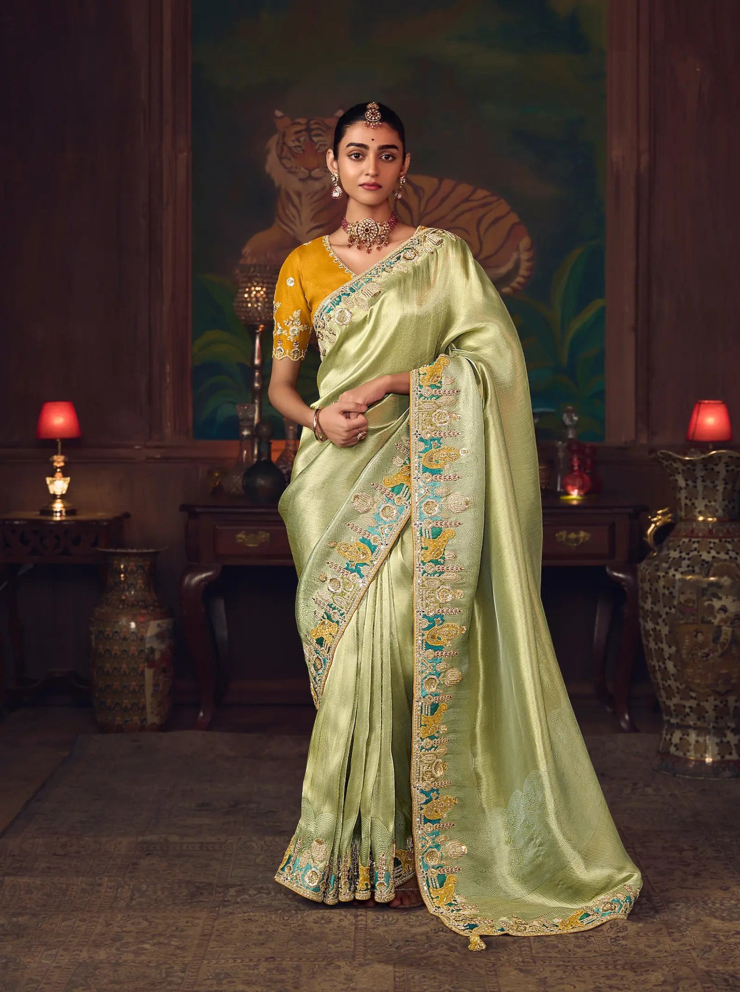 Pastel Green Heavy Embroidery & Handwork Silk Saree