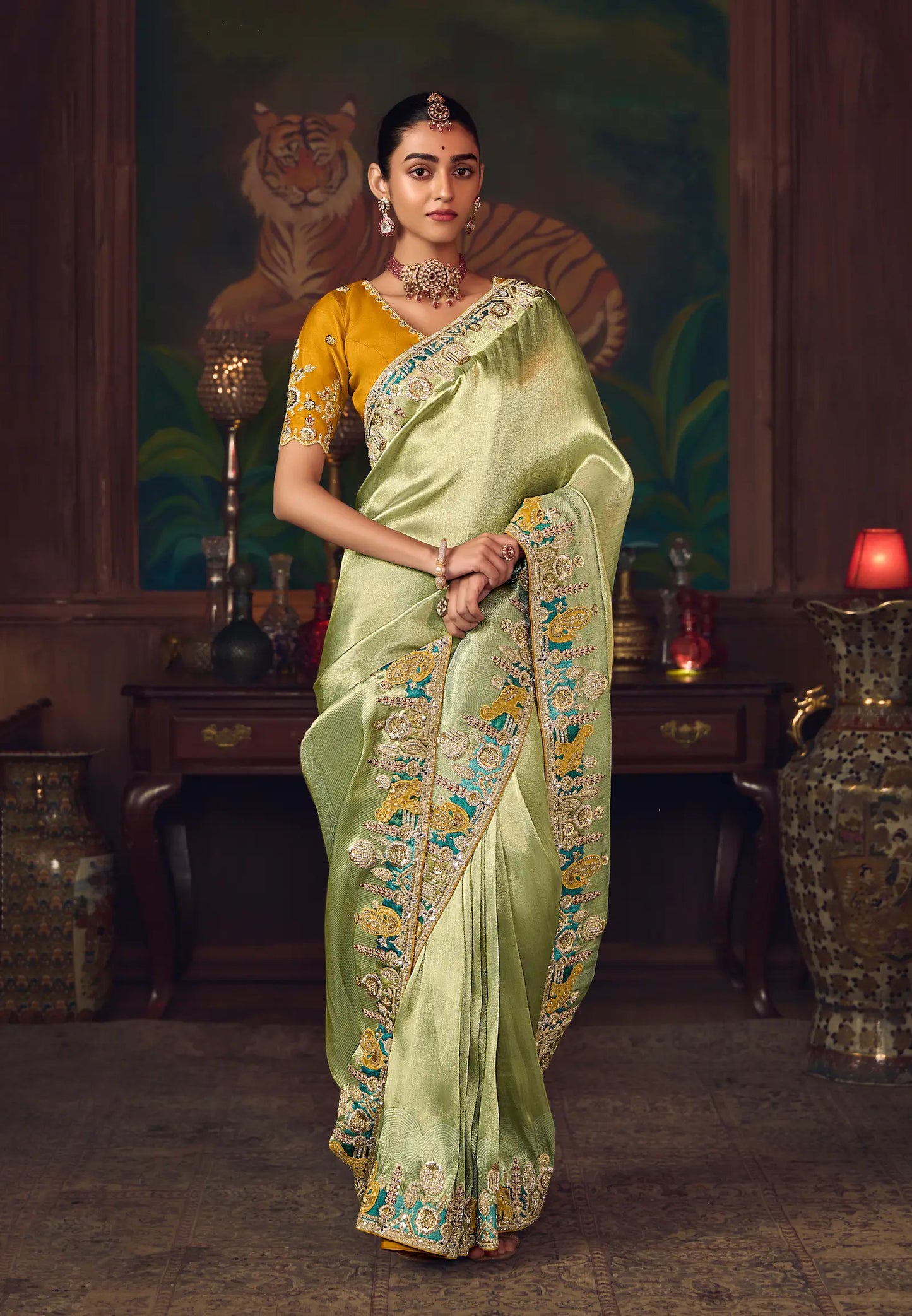 Pastel Green Heavy Embroidery & Handwork Silk Saree