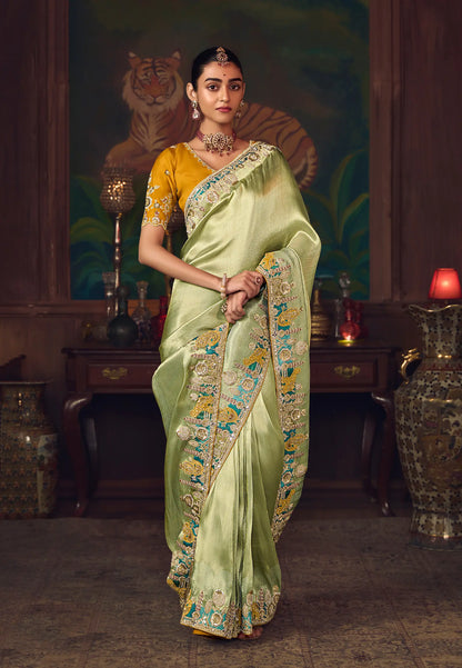 Pastel Green Heavy Embroidery & Handwork Silk Saree