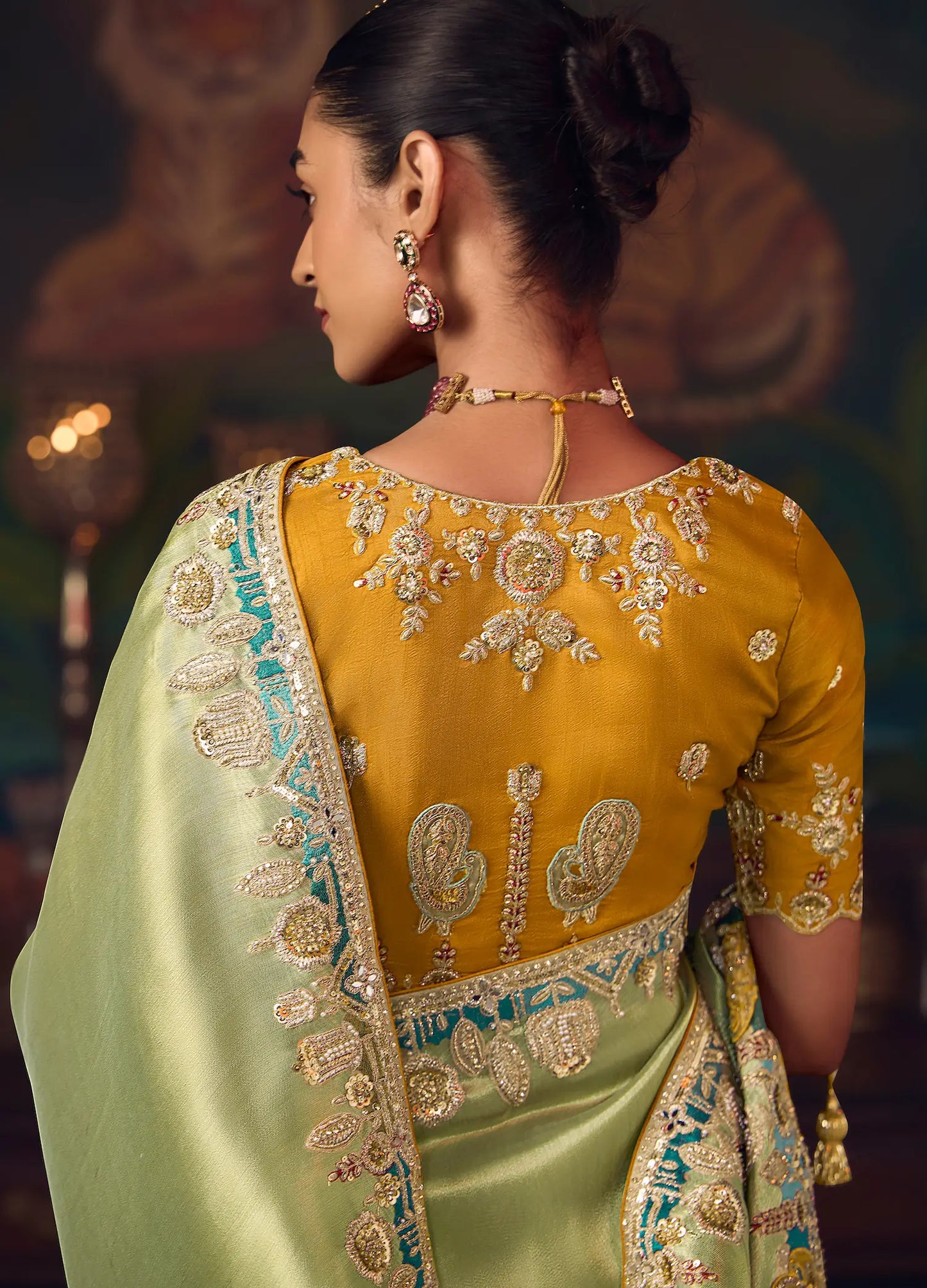 Pastel Green Heavy Embroidery & Handwork Silk Saree