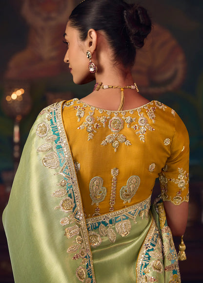 Pastel Green Heavy Embroidery & Handwork Silk Saree