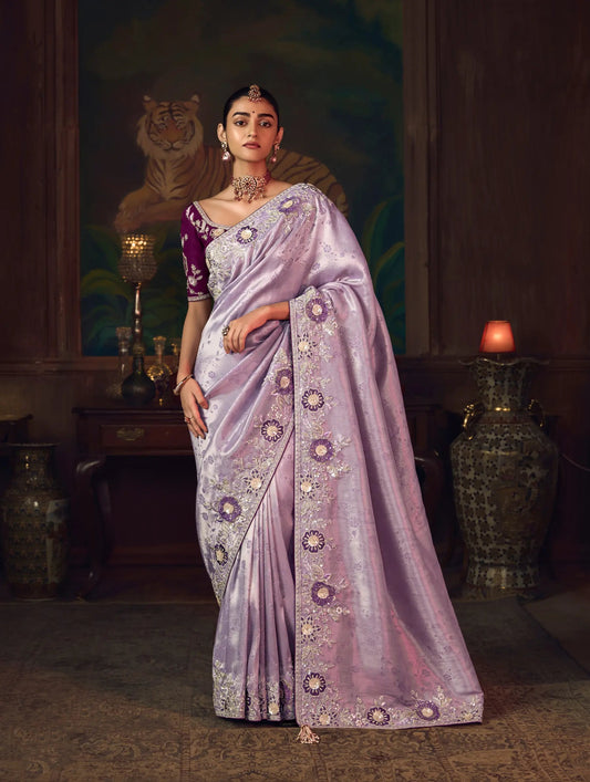 Lilac Purple Heavy Embroidery & Handwork Silk Saree