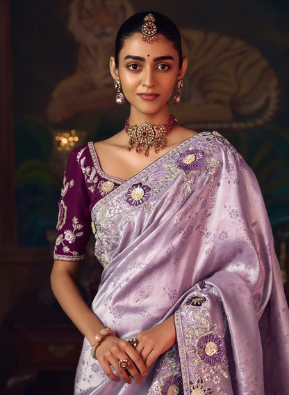Lilac Purple Heavy Embroidery & Handwork Silk Saree