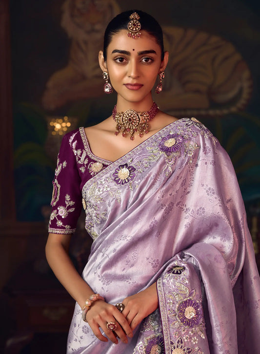 Lilac Purple Heavy Embroidery & Handwork Silk Saree