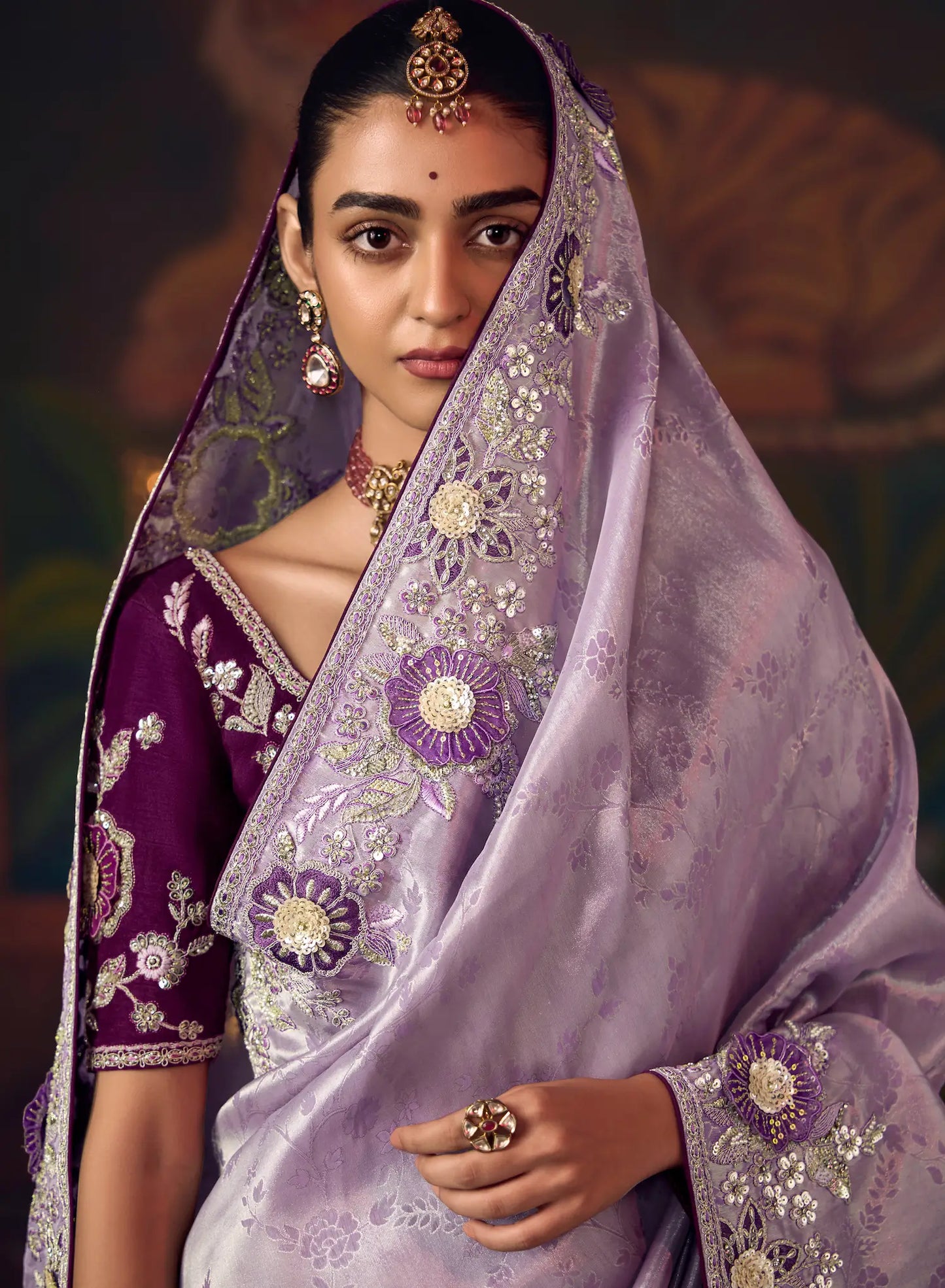 Lilac Purple Heavy Embroidery & Handwork Silk Saree