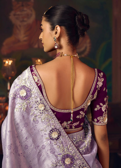 Lilac Purple Heavy Embroidery & Handwork Silk Saree